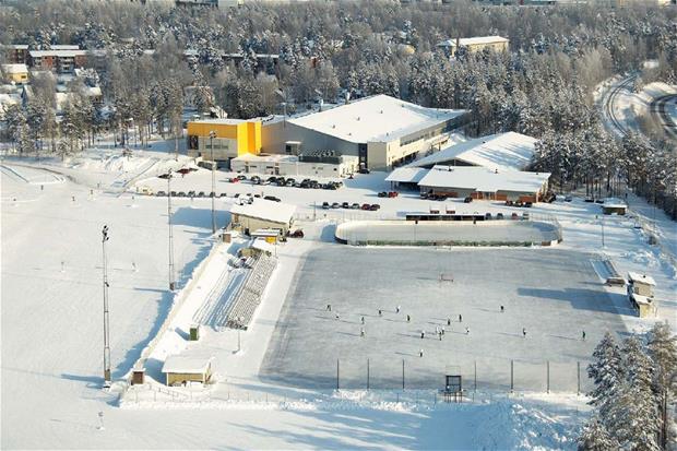 Aerial view of Lappeenranta Kisapuisto in winter.